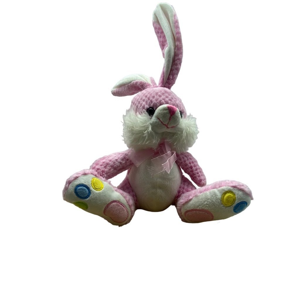 Pink White‎ Bunny Rabbit Plush Stuffed Animal 16" Bow Colorful Toe Beans
